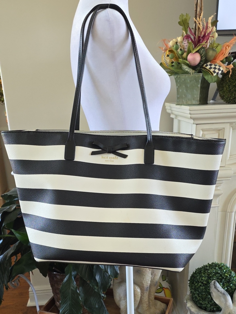 kate spade Black and White Striped Leather Tote with Bow Accent